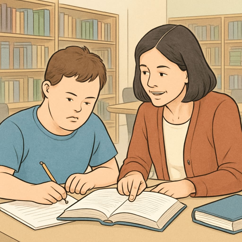 A student with learning difficulties working with a supportive tutor in a library. Student with learning difficulties receiving educational support for medical dreams.