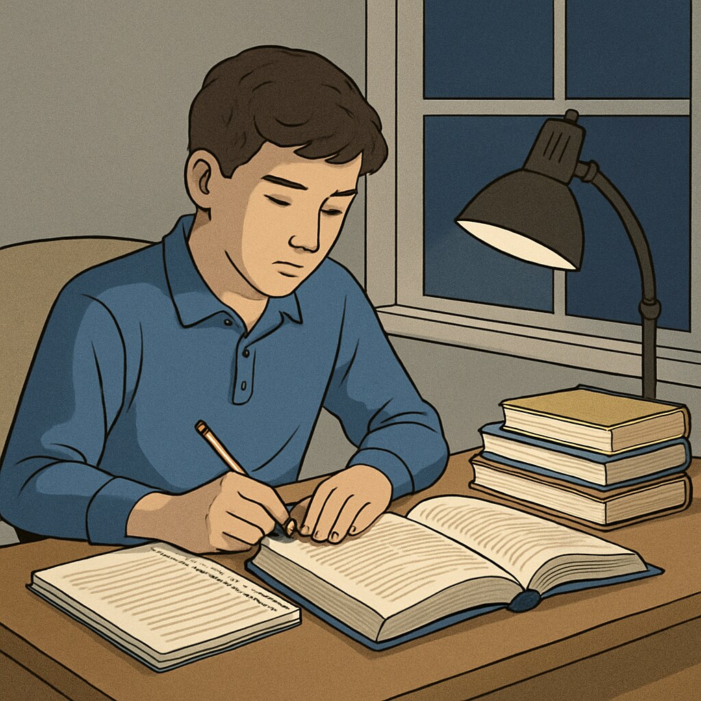A high school student studying late at night after returning home from a part-time job. A tired high school student studying late at night after a part-time job, highlighting the challenges of balancing work and school.