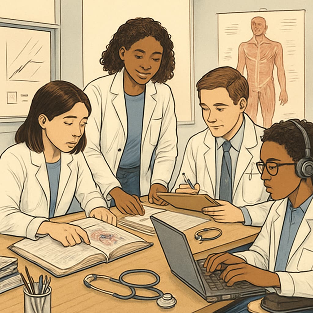 A diverse group of medical students, including one using assistive technology, collaborating in a classroom. Inclusive learning environment for medical students, showcasing diversity and assistive tools.