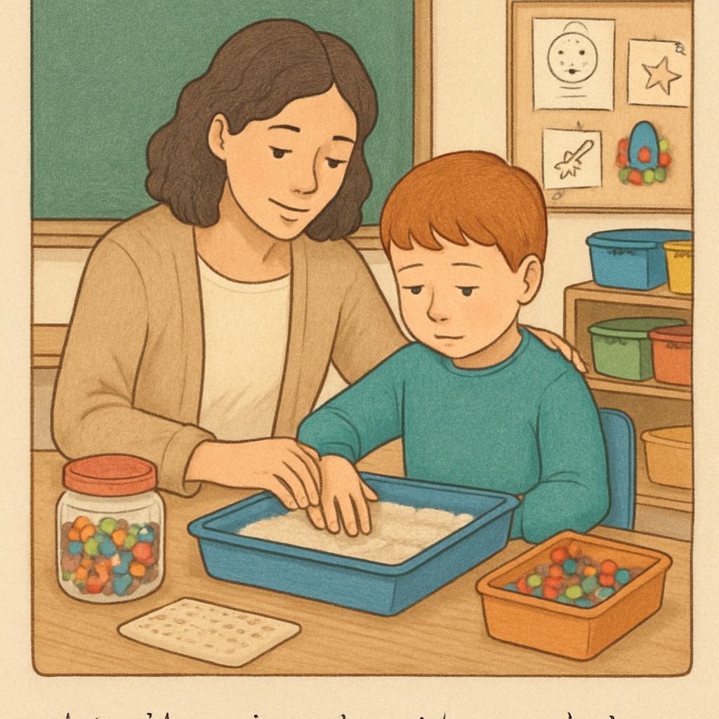 A teaching assistant in a classroom helping a child with autism complete a sensory activity. A teaching assistant helps a child with autism complete a sensory activity in a special education classroom.