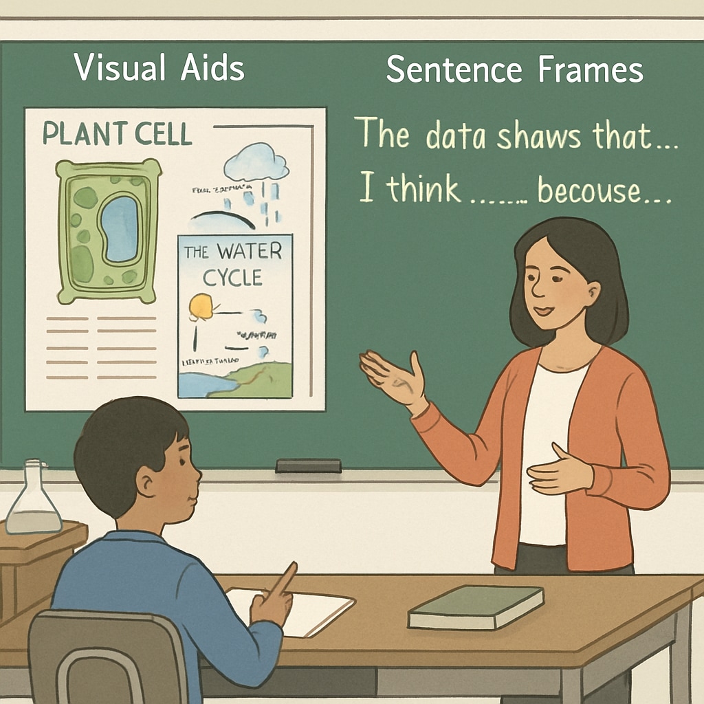 A diagram showing scaffolding techniques, such as visual aids and sentence frames, used in a science classroom to assist English Language Learners (ELLs). Scaffolding techniques for ELLs in science teaching