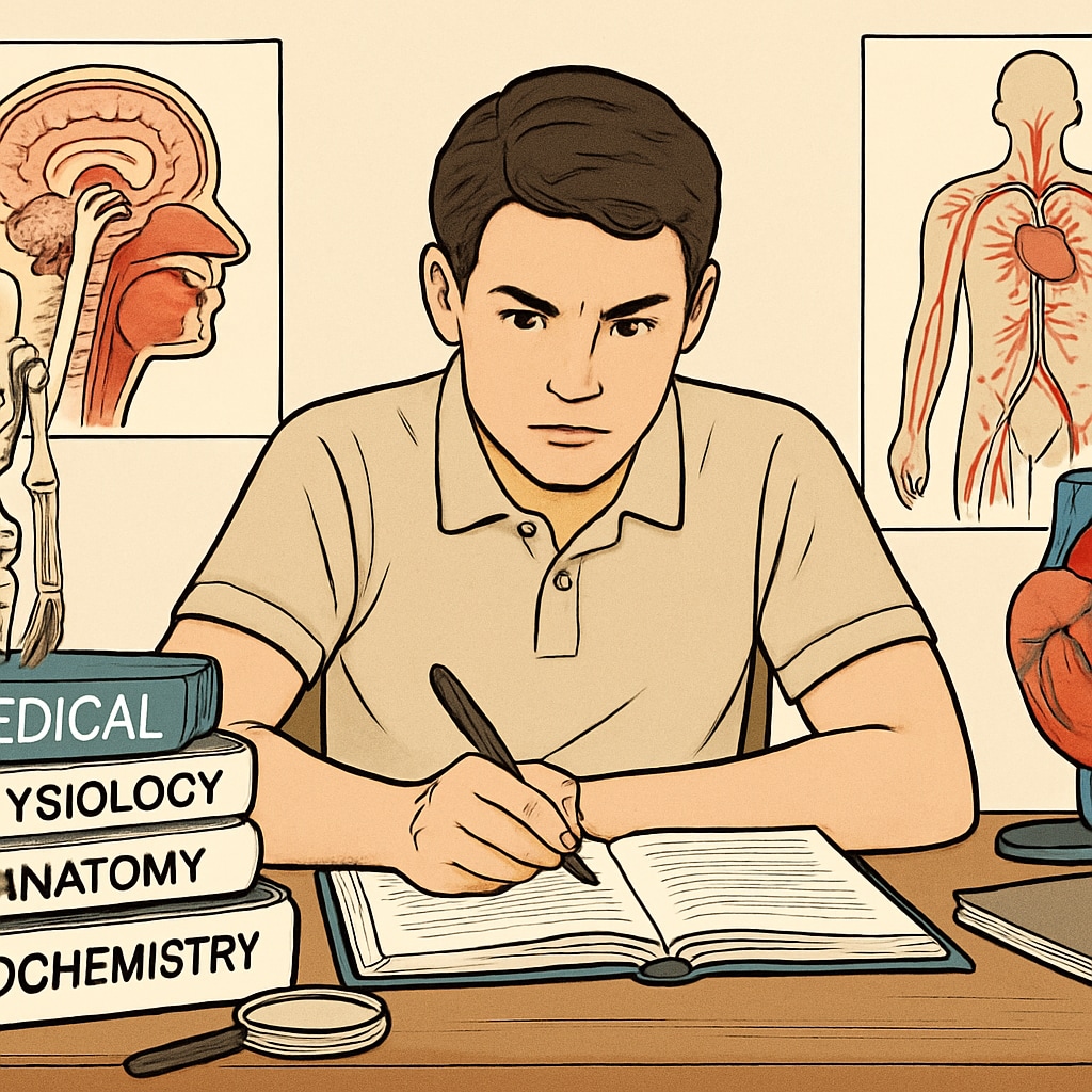 A determined student sitting at a desk surrounded by medical textbooks and tools, representing the struggle and hope of pursuing a medical career despite learning difficulties. Student with learning difficulties studying medical textbooks, symbolizing perseverance.