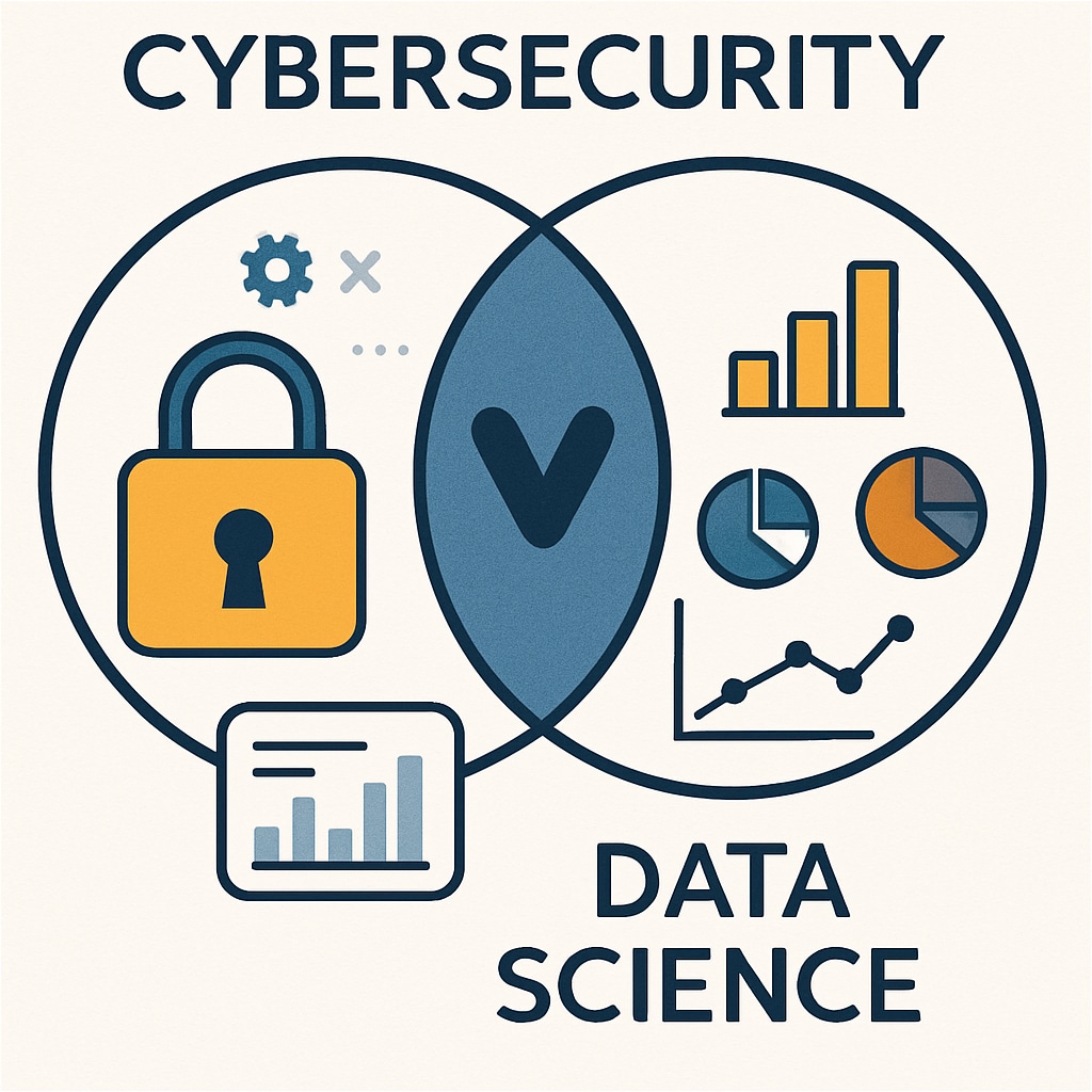 A conceptual graphic illustrating the overlap between cybersecurity and data science, featuring icons such as a lock and data charts. Cybersecurity and data science overlap graphic with icons like a lock and charts