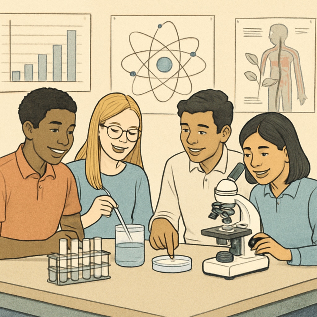 Students working collaboratively on a hands-on science experiment with visual aids in the background, emphasizing inclusion and teamwork. Inclusive science classroom with ELLs engaging in group activities