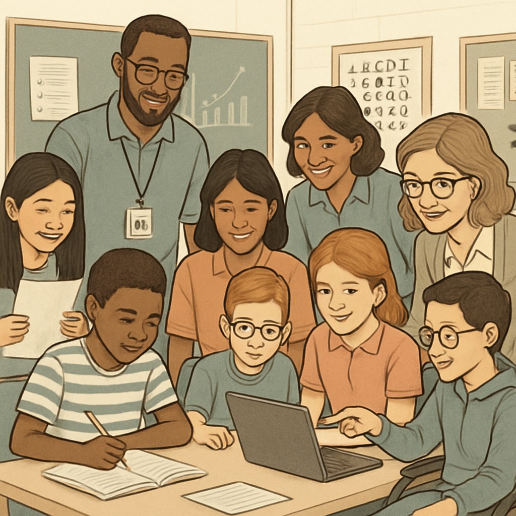 A diverse group of students and educators collaborating in an inclusive classroom environment, highlighting the importance of personalized learning and support systems. Inclusive classroom with students and teachers working together on various learning tasks.