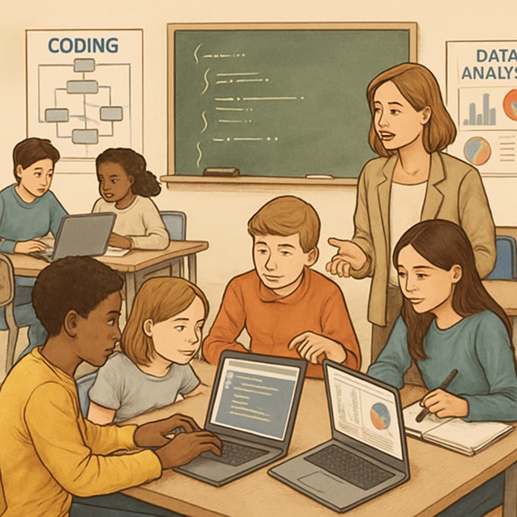 A classroom setting where students are working on coding and data analysis projects, showcasing practical K12 education methods. K12 students coding and analyzing data in a classroom setting
