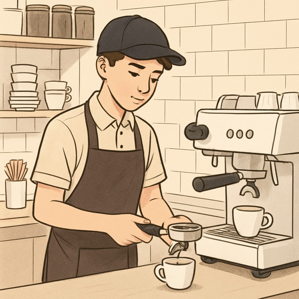 A teenager working as a barista in a coffee shop, demonstrating responsibility and focus. High school student working a part-time job as a barista, balancing academics and work.