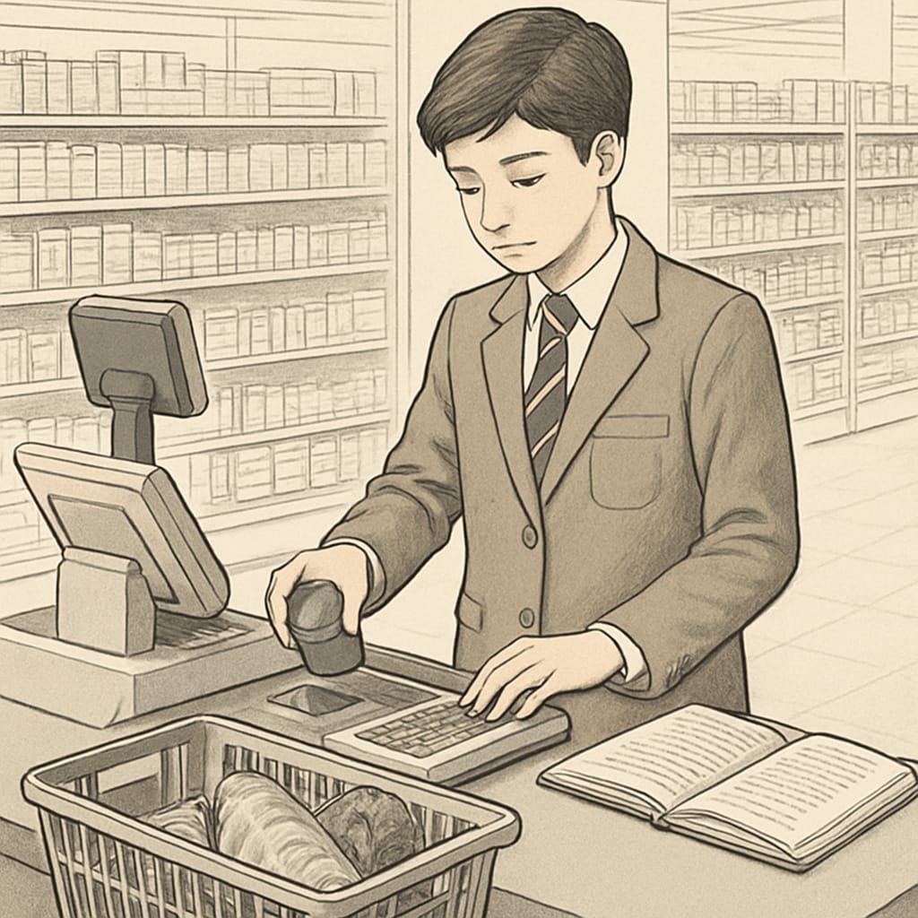 A high school student working at a cashier station, demonstrating the balance between part-time work and academics. High school student working as a cashier, balancing work and study