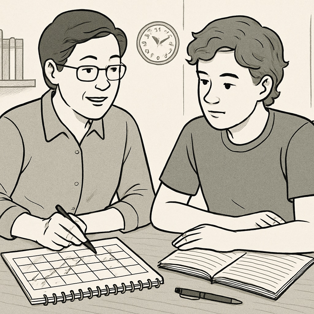 A parent and teenager reviewing a schedule together, emphasizing time management and shared planning. Parent mentoring a teen on balancing work and school responsibilities.