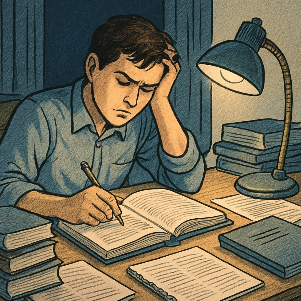 A student studying late at night with textbooks and work-related materials nearby, highlighting the struggle of balancing responsibilities. High school student managing study and work responsibilities