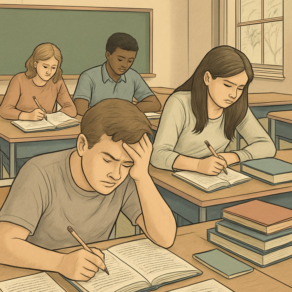 A classroom of high school students intensely studying, symbolizing the pressure on K-12 students to meet Ivy League standards. High school students Ivy League admission pressure