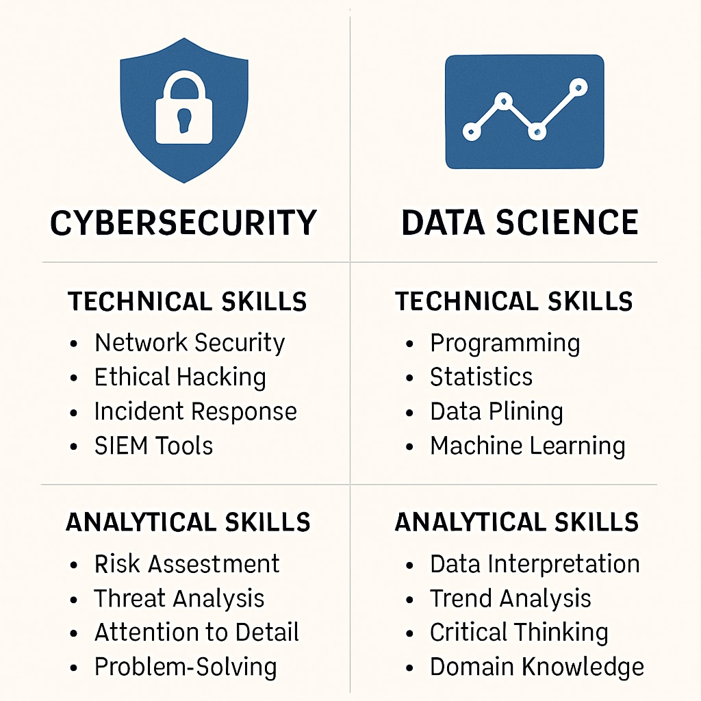 A side-by-side infographic comparing the skill sets needed for cybersecurity and data science roles, emphasizing technical and analytical skills. Skill sets comparison between cybersecurity and data science