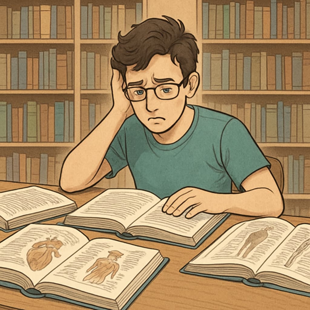 A student with dyslexia struggling to understand medical textbooks in a library. Medical student with dyslexia reading textbooks and taking notes in a library.