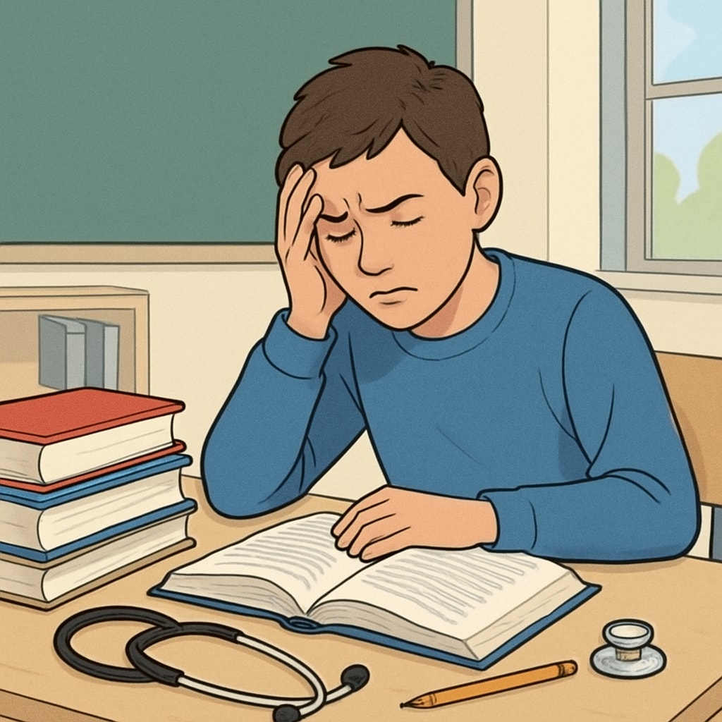 A student sitting at a desk with textbooks and a medical stethoscope, appearing stressed while studying. A stressed student with learning difficulties studying to achieve their medical dreams.