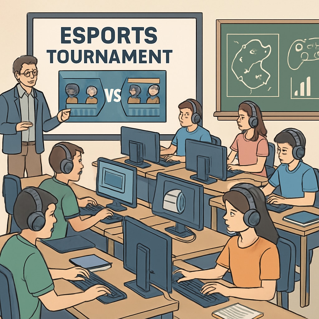 A professional esports tournament setting with students learning alongside gaming-focused educational tools. Esports tournament with GameClass and NASEF educational tools in use