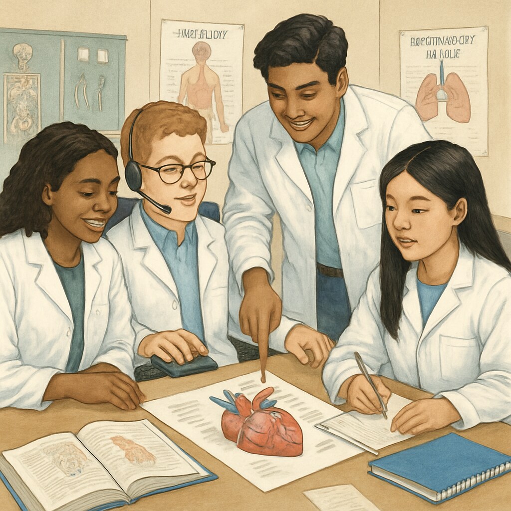 A diverse group of students, including one using assistive technology, collaborating on a medical project in a classroom. Inclusive classroom environment supporting diverse learning needs in medical education.