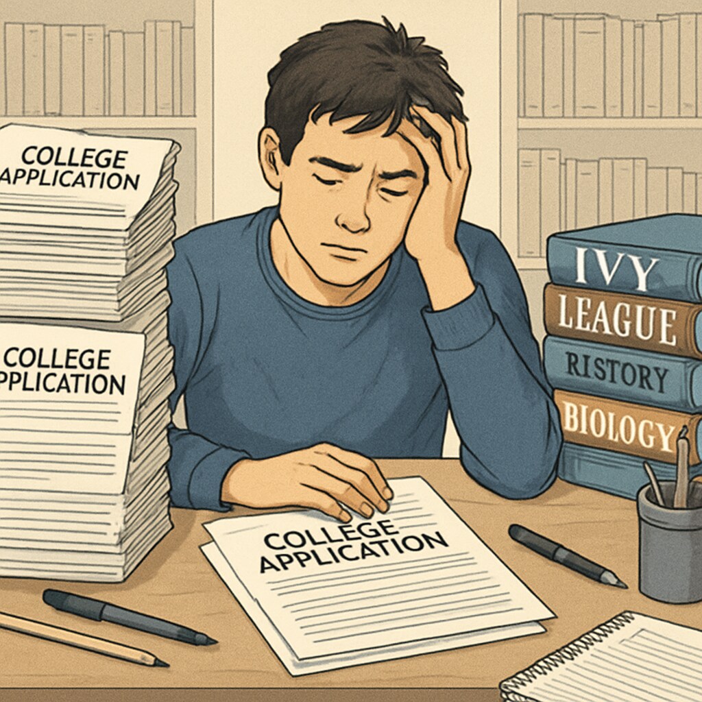 A stressed high school student surrounded by college application forms, symbolizing the pressure of Ivy League admissions. High school student under pressure from Ivy League applications.