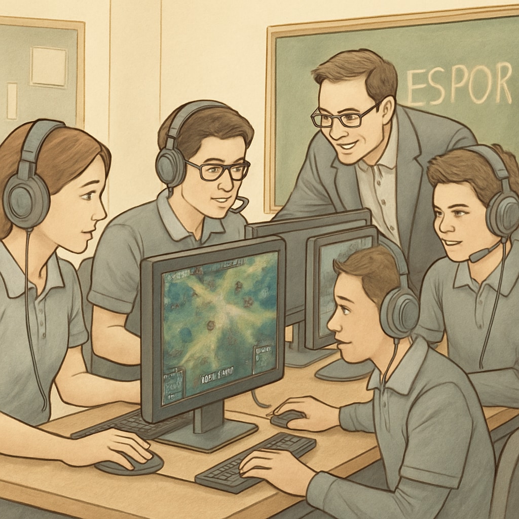Students collaborating during an esports team competition, highlighting both gameplay and academic mentorship. Students engaged in esports teamwork and academic learning