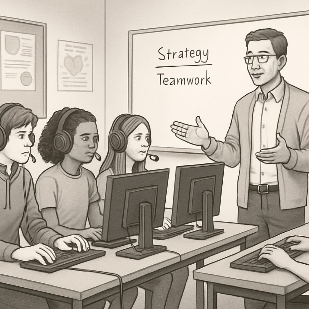 A group of high school students engaging in an esports competition while a teacher facilitates a discussion on strategy and teamwork. High school students in an esports classroom discussing strategy.
