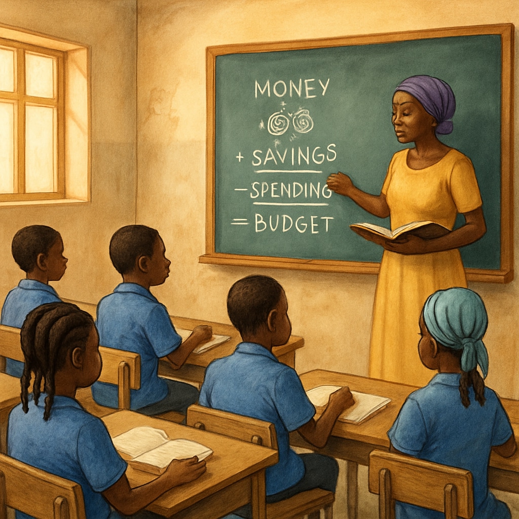 A classroom in Mali with students learning basic financial concepts, symbolizing the importance of early education in fostering financial literacy. Financial literacy education in a Malian classroom