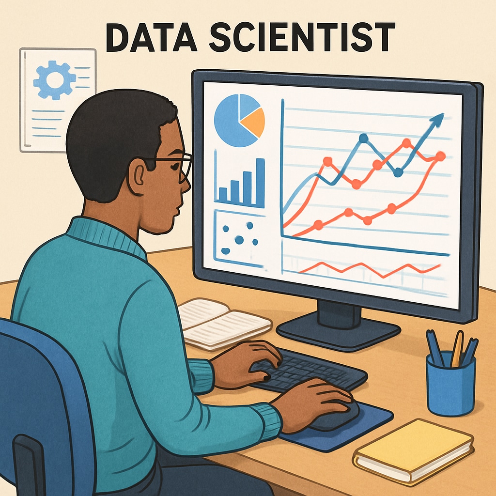 A data scientist analyzing trends on a computer screen, illustrating data science engineering in action. Data scientist analyzing data trends for insights.
