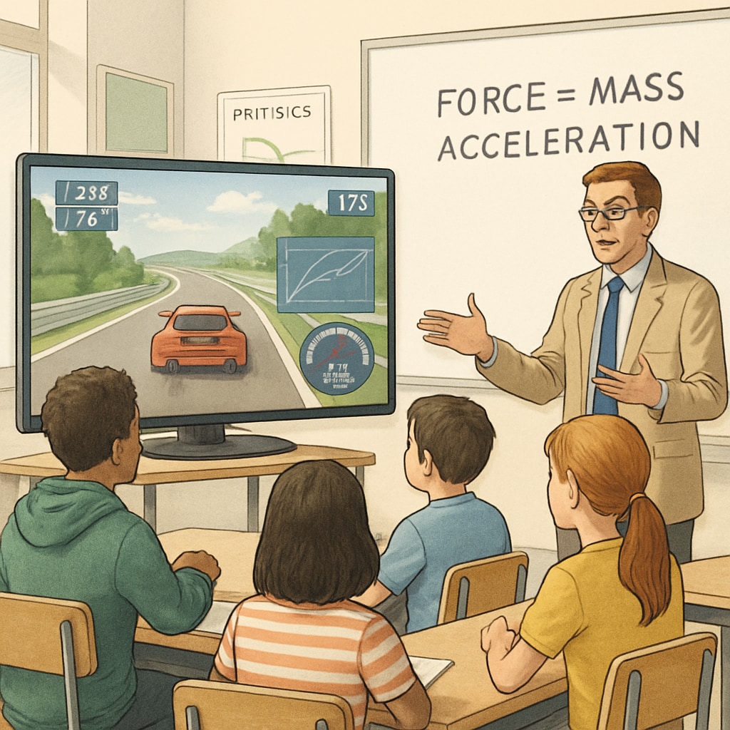 A classroom where students are reviewing their gaming performance on a screen, while a teacher relates the lessons to physics principles. Students analyzing esports gameplay in a classroom setting.