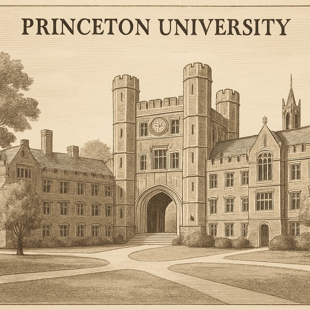 A photograph depicting Princeton University campus, showcasing its iconic architecture and historical significance. Princeton University campus architecture and history, related to Ivy League reputation.