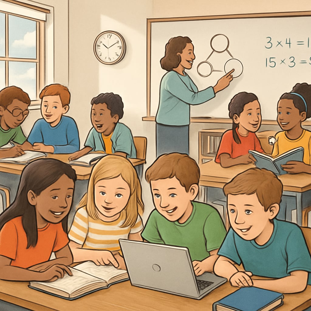 A classroom setting in a public school, portraying students engaged in collaborative learning, representing the broader impact of elite education on K-12 systems. Public school students in a collaborative learning environment, related to education equity.