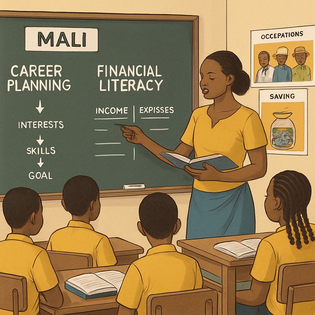 A classroom in Mali where students are learning about career planning and financial literacy. Students in Mali engaging in career planning and financial education activities.
