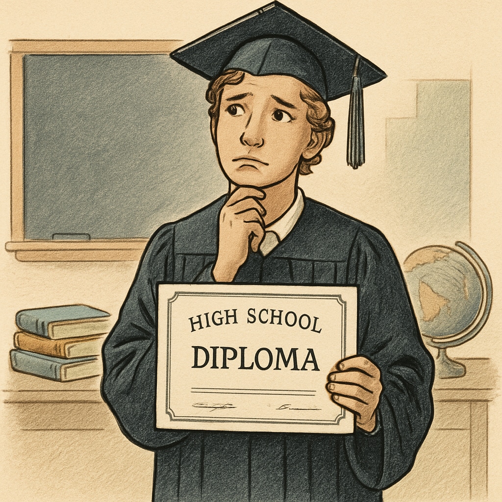 A young graduate holding a modified high school diploma, looking uncertain about their future. A student with a modified high school diploma contemplating their next steps.