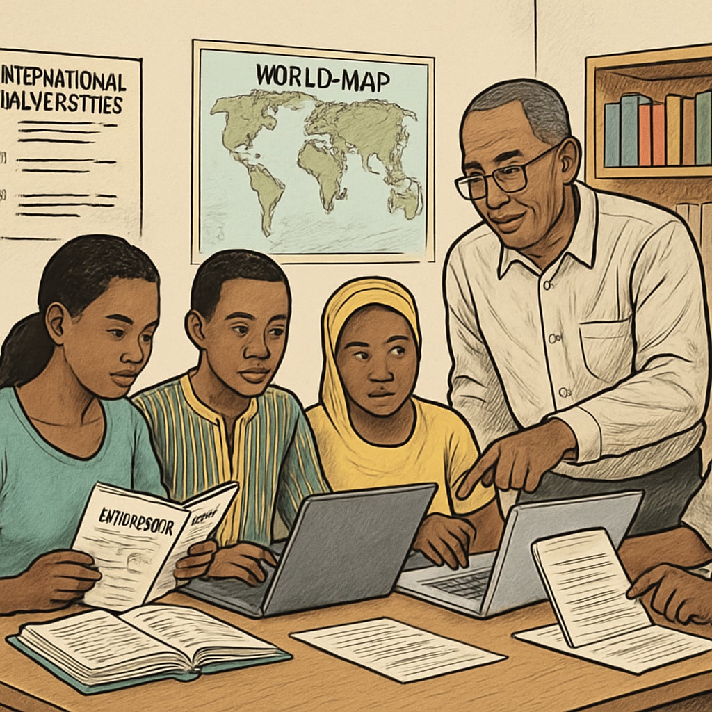 Students in Mali researching international universities and scholarship options with the help of a career counselor. Mali students exploring study abroad opportunities with career guidance.