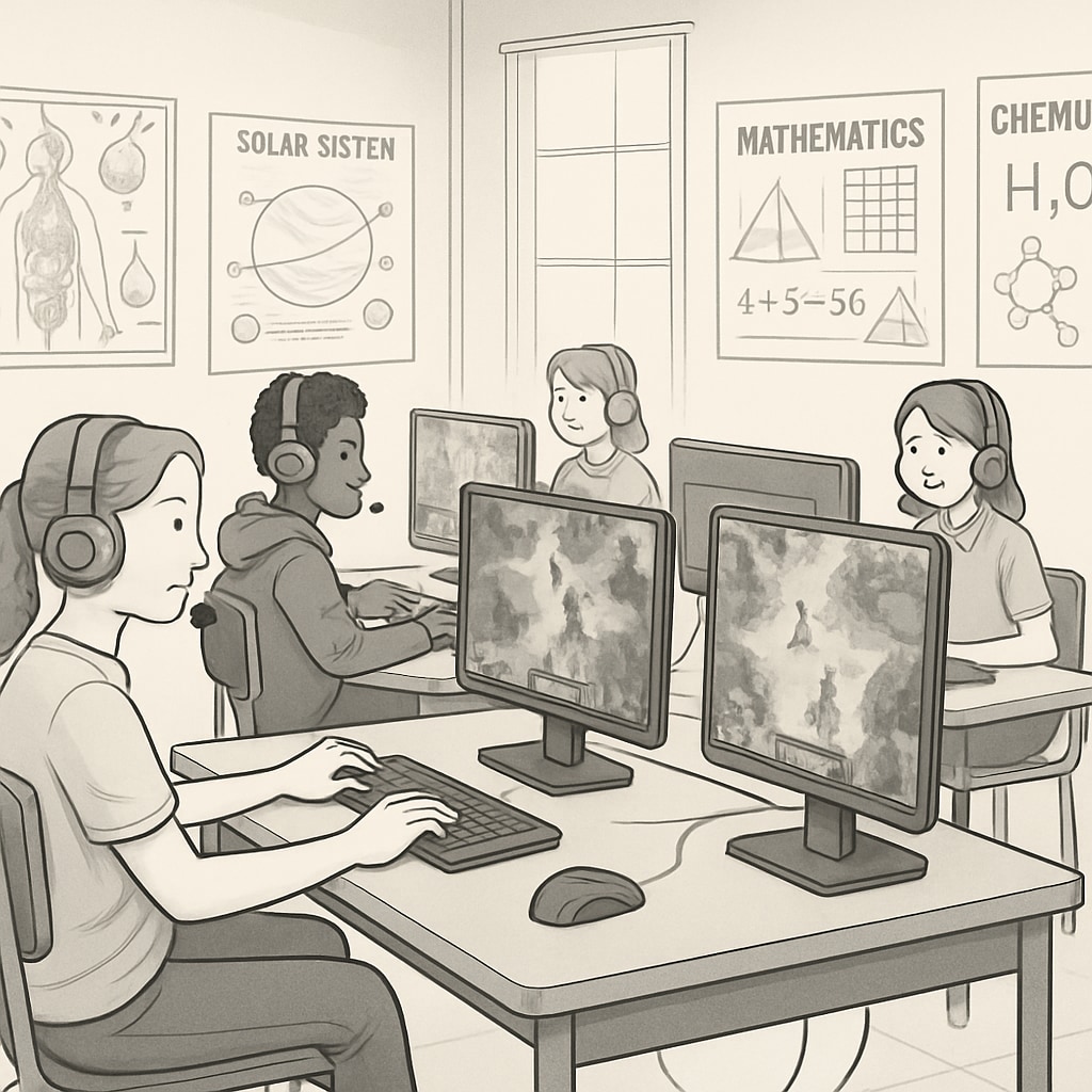 A classroom of students engaging in esports-based learning, with computers and educational posters about science and math visible. Students learning through esports-based education, enhanced by posters about STEM subjects.