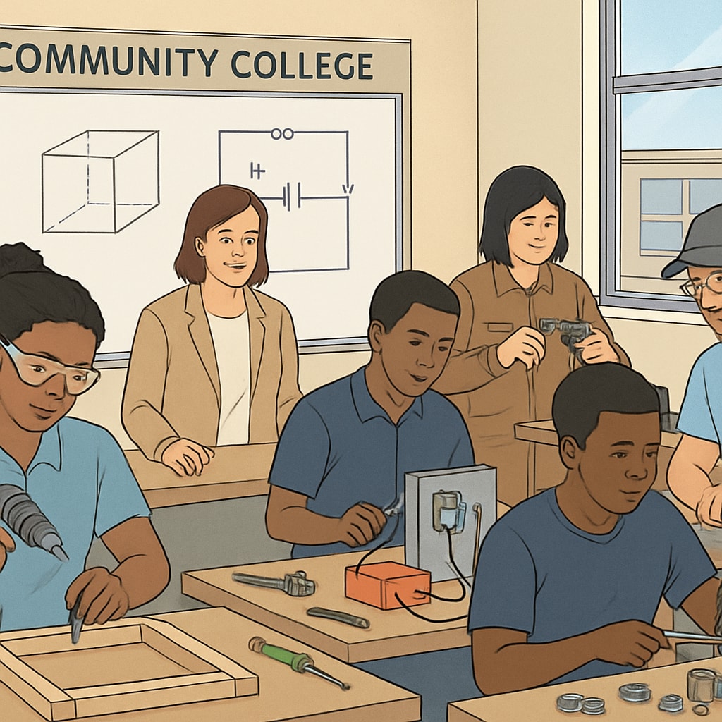 A community college classroom with diverse students engaging in hands-on vocational training. Students in a vocational training session at a community college.