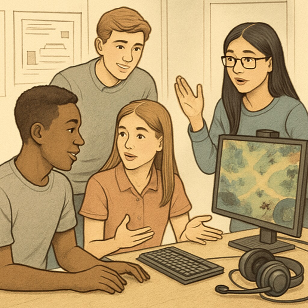 A group of students working collaboratively at a gaming station, discussing educational strategies in esports. Students collaborating on esports education projects at a gaming station.