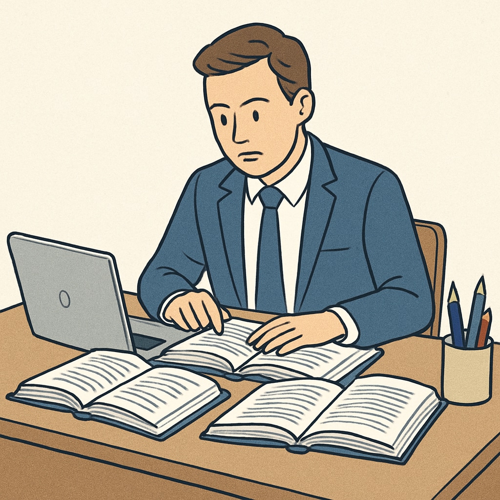 A focused professional in their 30s studying at a desk with a laptop and books, symbolizing continuing education alongside work. Person in their 30s studying with books and a laptop, representing continuing education.