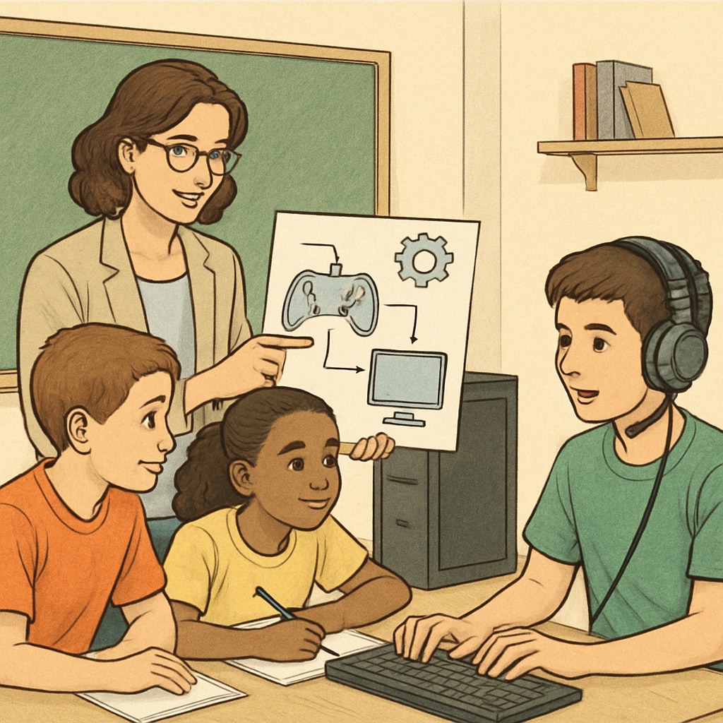 A teacher guiding students through an esports-related STEM project, emphasizing education-focused gaming. A teacher and students working together on an esports STEM project.