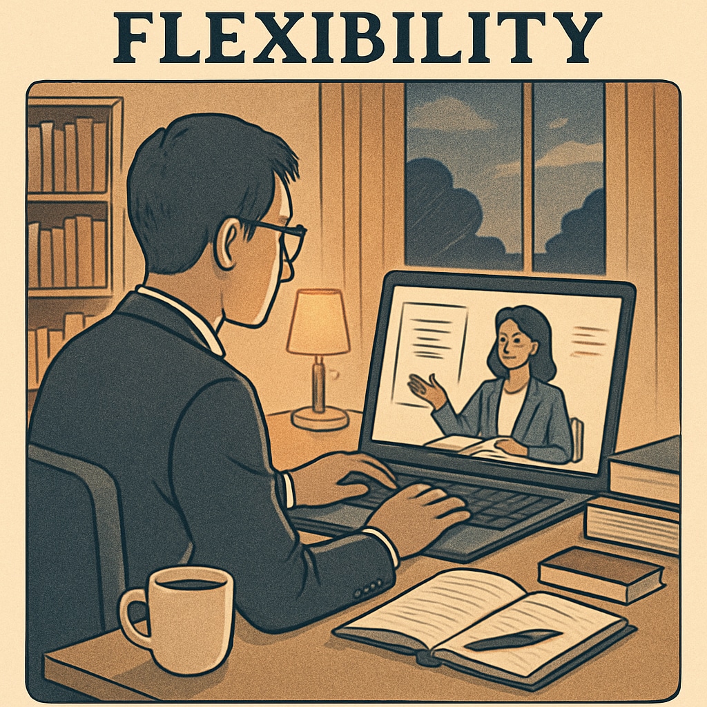 A working professional attending an online class at home in the evening, representing the flexibility of continuing education programs. Professional attending an online class at home, showcasing flexible learning options.