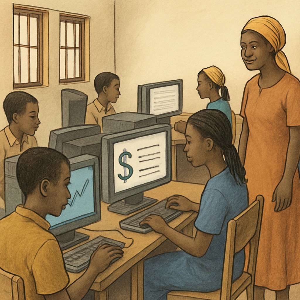 Students in a computer lab in Mali developing digital and financial skills.