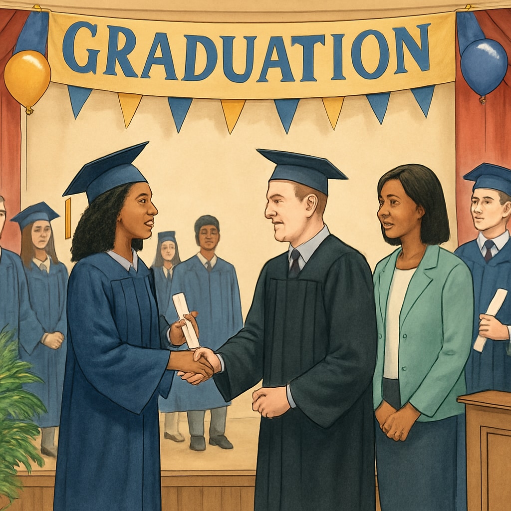 A high school graduation ceremony with students receiving diplomas, symbolizing achievement and diversity in academic paths. High school graduation ceremony featuring students with modified and standard diplomas.