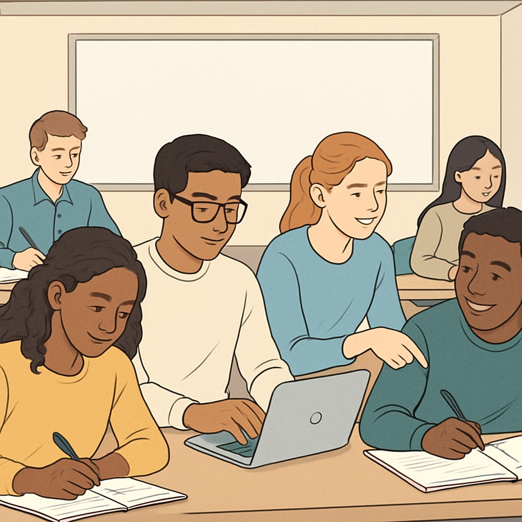 A diverse group of students sitting in a classroom environment, engaging in learning activities with notebooks and laptops. This image reflects academic progress and inclusivity. Diverse students studying in a classroom, symbolizing academic progress and inclusivity.