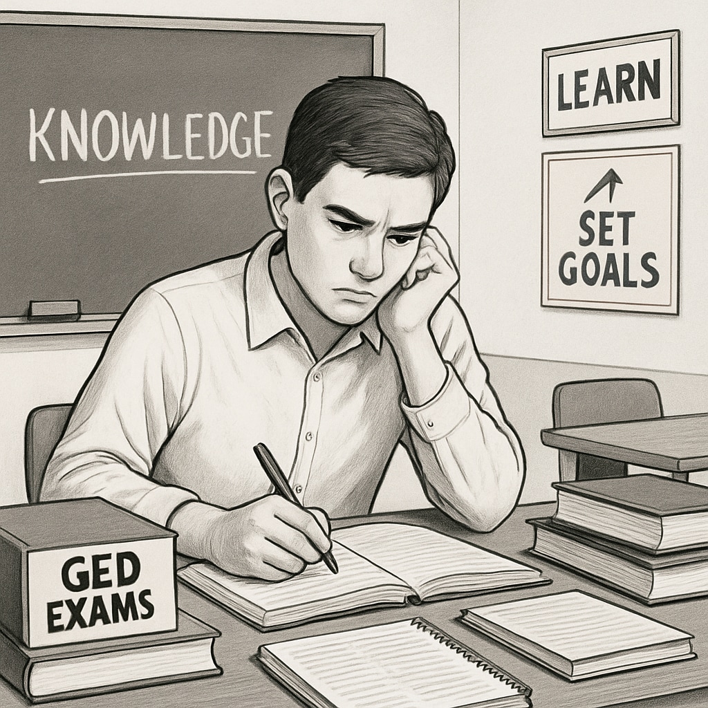 A student preparing for GED exams, emphasizing determination and the pursuit of academic goals. Student studying for GED exams as an alternative to transitioning to a standard diploma.