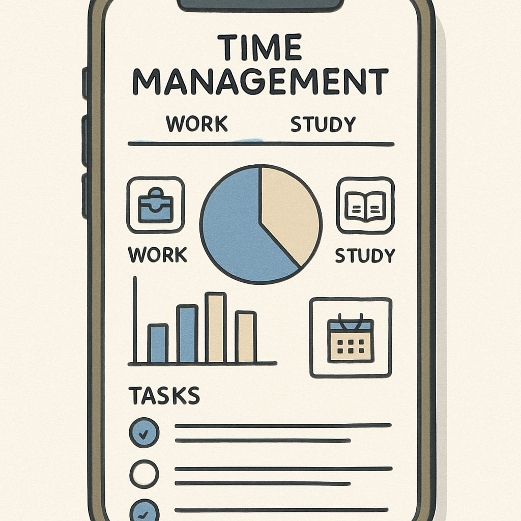 A time management app on a smartphone, representing tools to balance work and study. A smartphone displaying a time management app for mid-career professionals pursuing education.