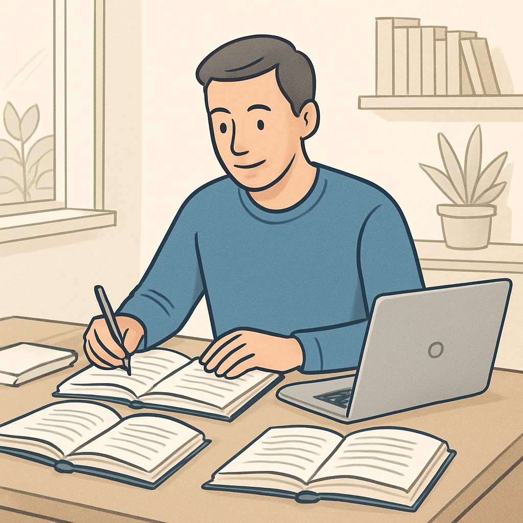 An adult learner studying at home with open books and a laptop, representing flexible and self-paced education options. Adult learner studying with books and a laptop, highlighting flexible education pathways.