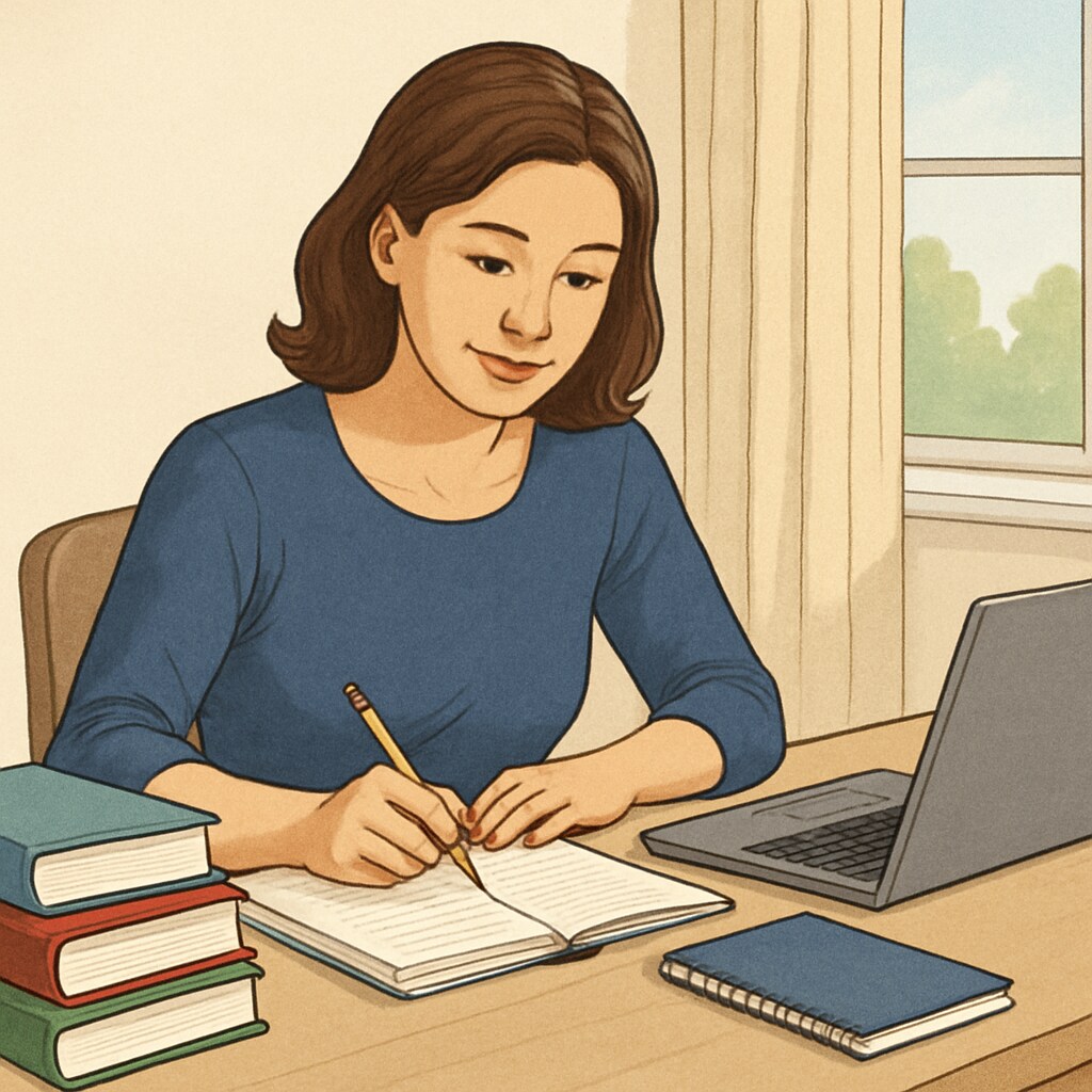 A woman in her 30s studying at home while surrounded by work materials, portraying the balance between career and education. Balancing career and education for master's degree pursuit