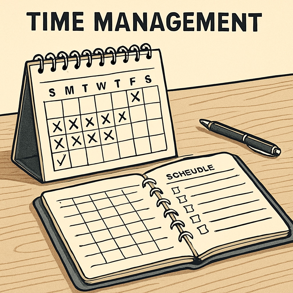 A calendar and planner sitting on a desk, symbolizing time management for busy professionals. Time management for master's degree and career growth
