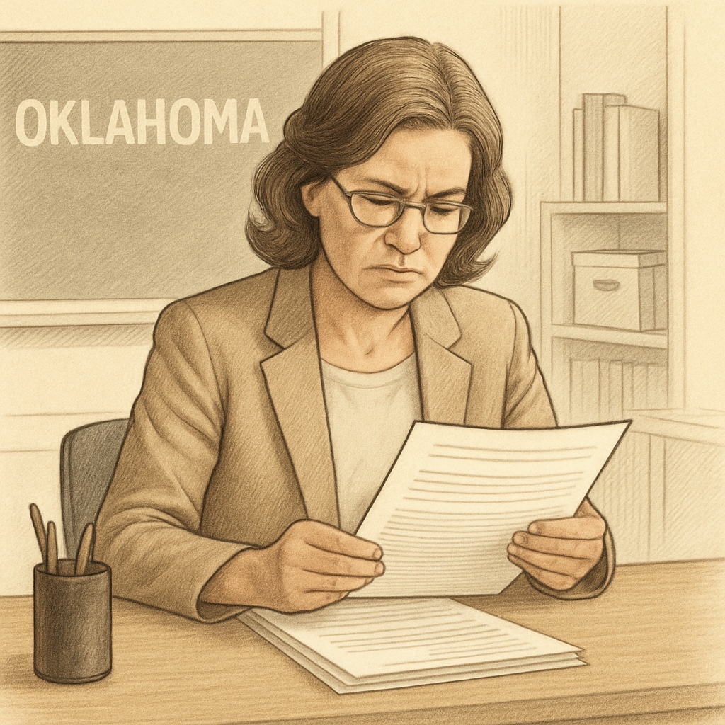 A teacher reviewing paperwork, symbolizing the scrutiny faced by out-of-state applicants under Oklahoma’s new policy. A teacher reviewing applications, reflecting the challenges posed by political screening policies.