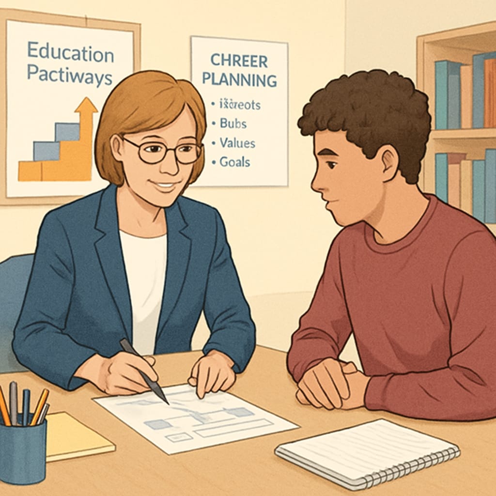 A UK career advisor working with a young person to create an educational plan. A career advisor assisting a UK dropout youth with educational recovery.
