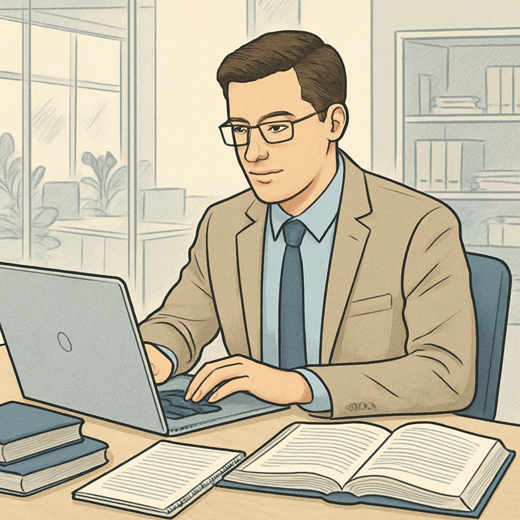 A professional in their 30s working on a laptop while studying for a master's degree in a modern office environment. Professional studying for a master's degree to enhance career growth.