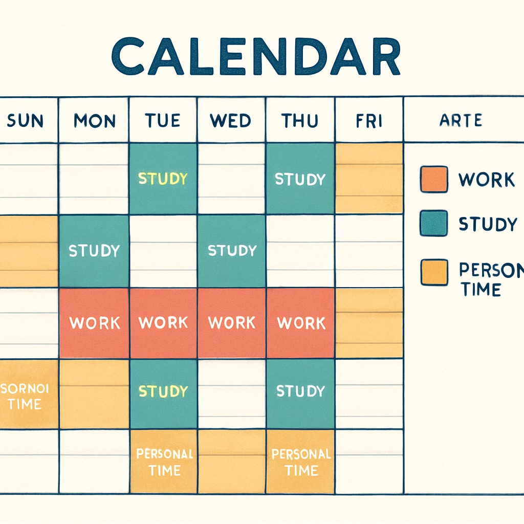 A calendar with color-coded blocks representing work, study, and personal time, reflecting effective time management. Calendar showing time management for balancing work and education.