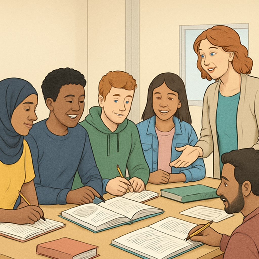 A group of young people attending a community learning class in the UK, symbolizing education recovery UK education recovery class with young learners
